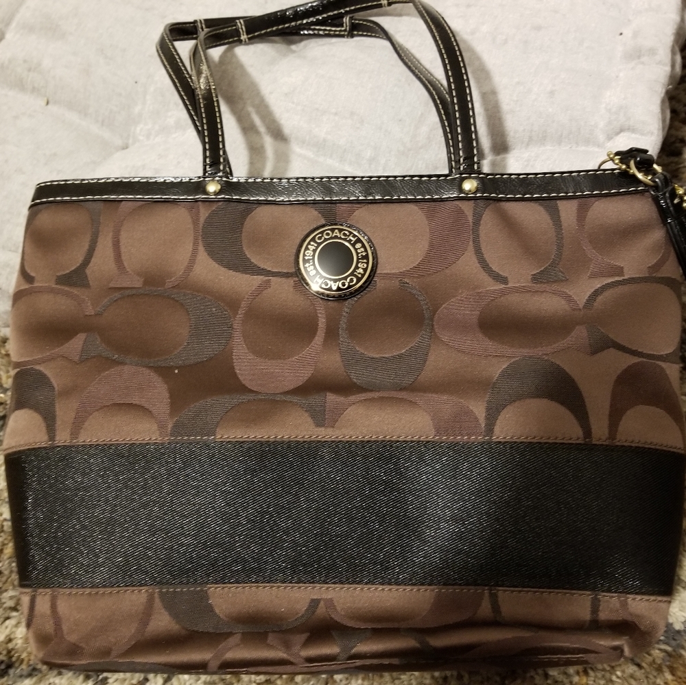 Coach Brown Canvas and Patent Leather Bag